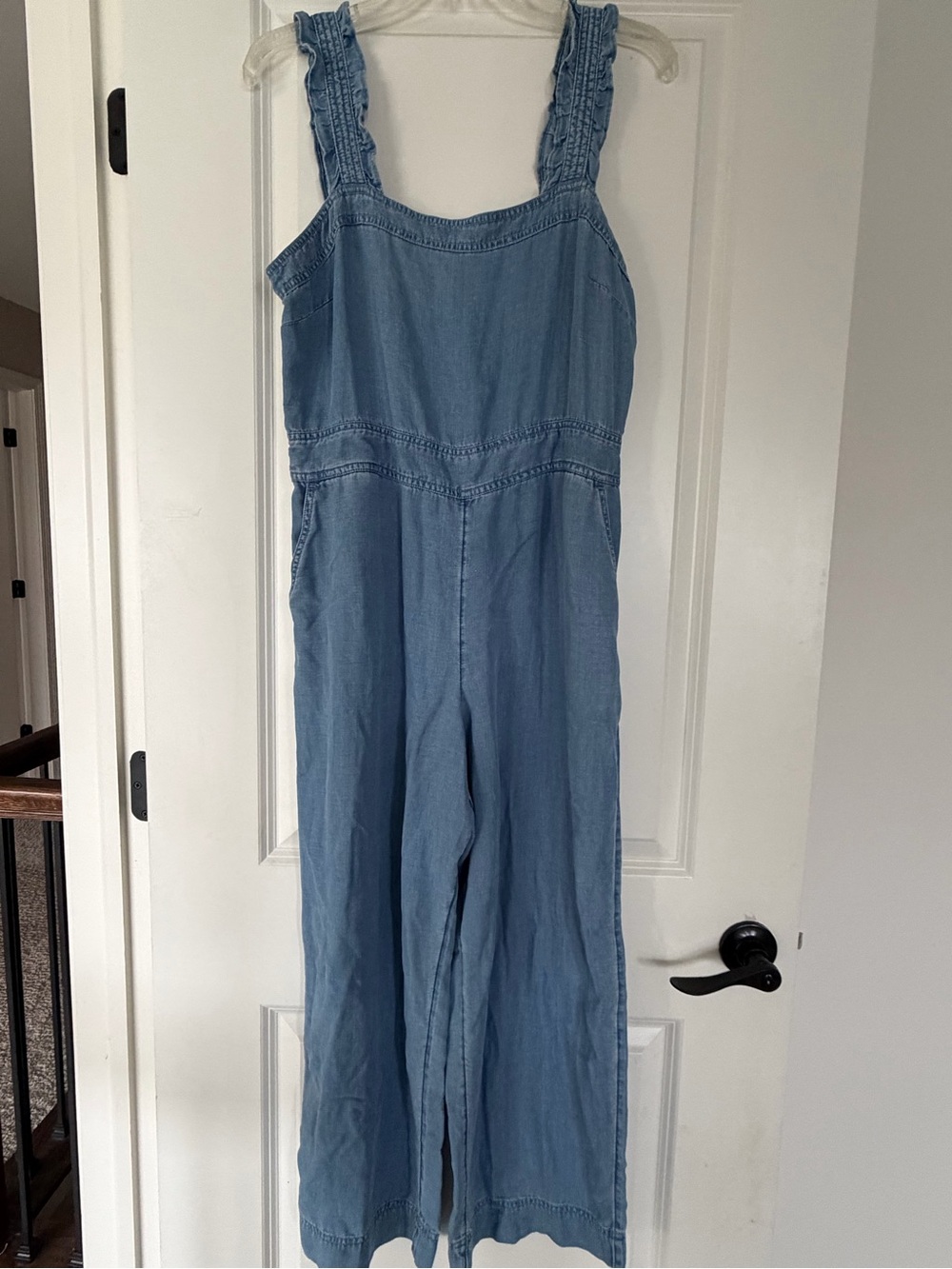 LOFT Light Blue Denim Wide-Leg Jumpsuit with Smocked Straps